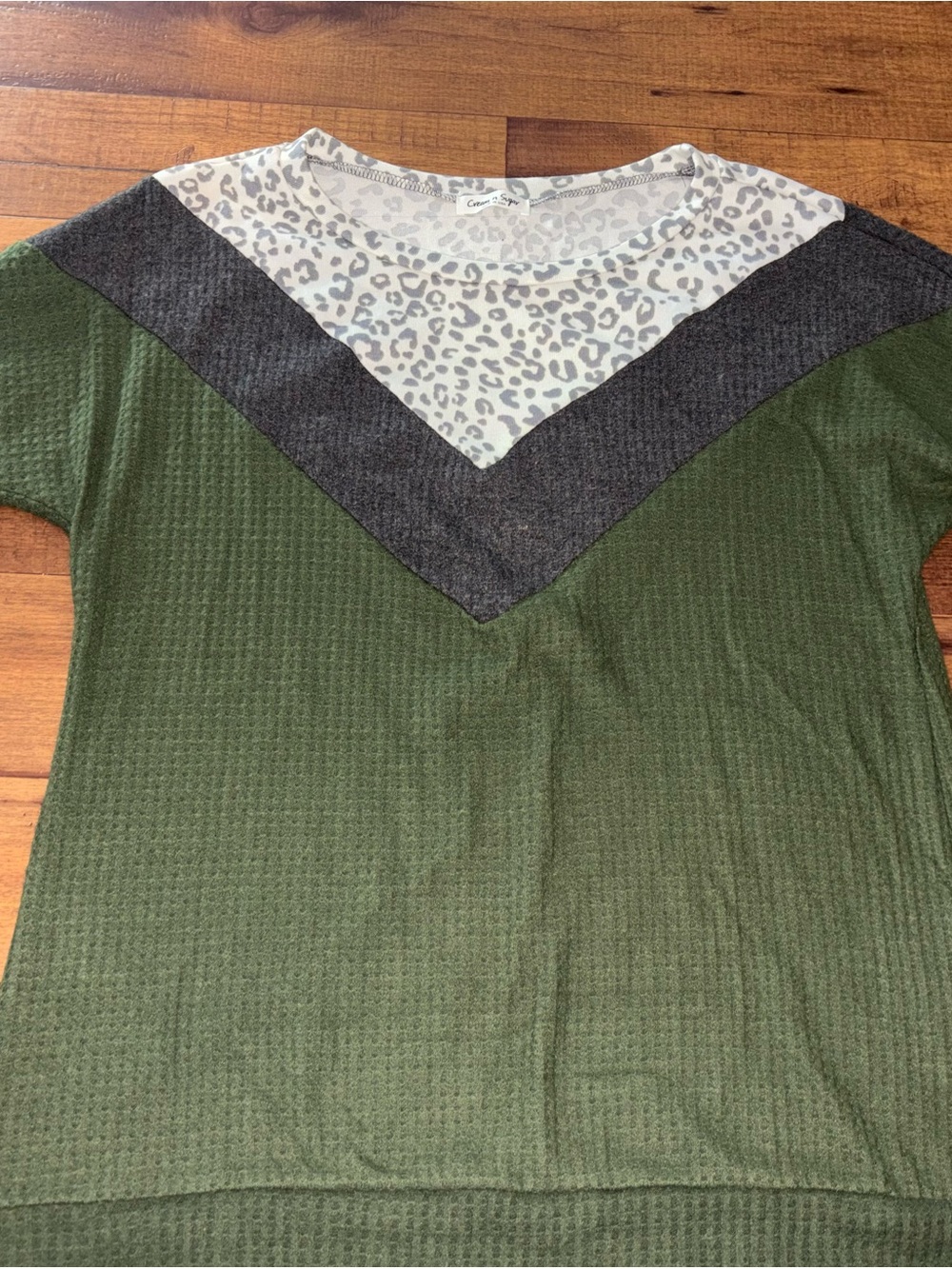 Cream n Sugar Olive Green Waffle Knit Leopard Colorblock Top - Size XL